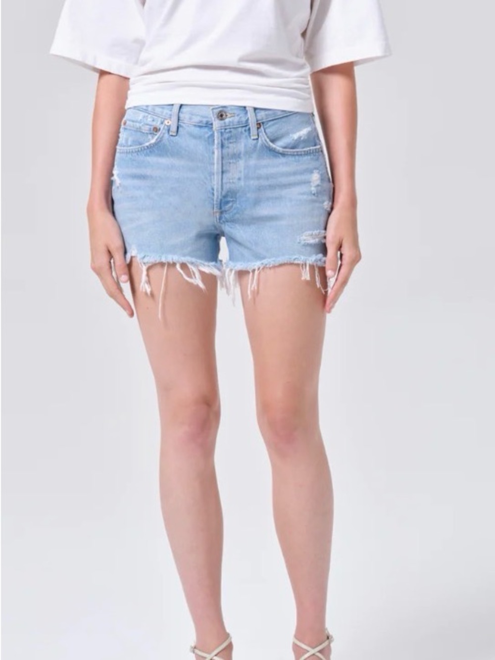 Agolde Light Wash Distressed Denim Shorts